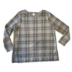 J Jill Womens Shirt Sz Large Plaid Tunic Long Sleeve Gray Black Metallic Blouse